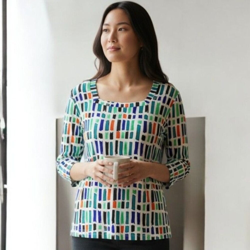 Carlisle Womens Small Geometric Print Quarter Sleeve Stretch Top Multicolor
